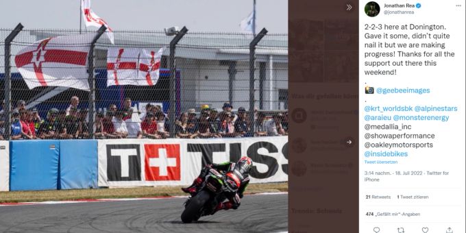Jonathan Rea meldet sich nach dem Donington-Rennen auf Twitter. jonathan rea