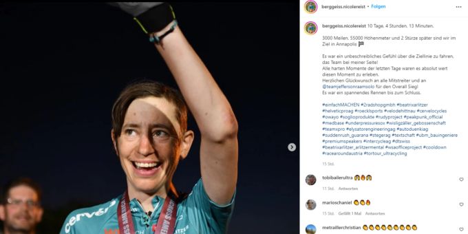 Nicole Reist feiert den Sieg des Race Across America. Nicole Reist