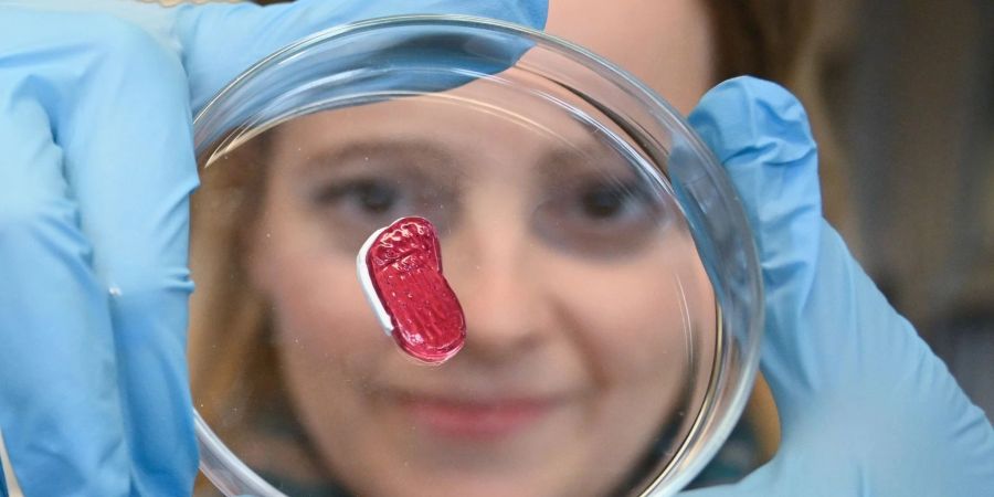 Petra Kluger, Projektleiterin an der Hochschule für angewandte Chemie in Reutlingen, mit einem Stück künstliches Fleisch.
