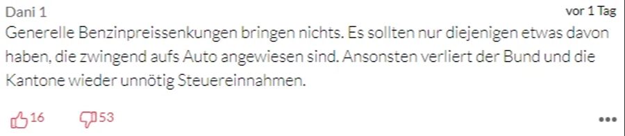 «Dani» befürwortet eine Senkung des Benzinpreises – allerdings sollen nur Personen profitieren, die auf das Auto angewiesen sind.