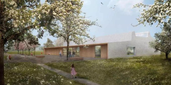 Aussenansicht mit Eingangsbereich. Projekt Sporthalle Seon