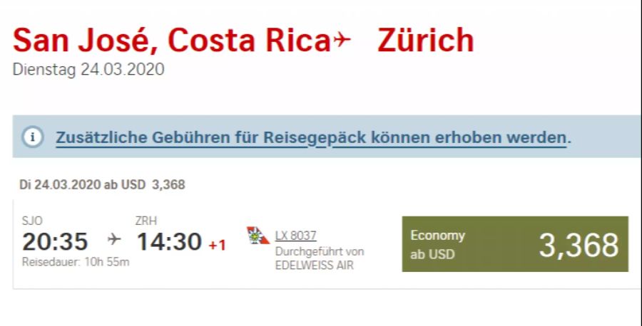 Ein Rückflug für morgen Dienstag kostet knapp drei Mal so viel wie zum regulären Preis.