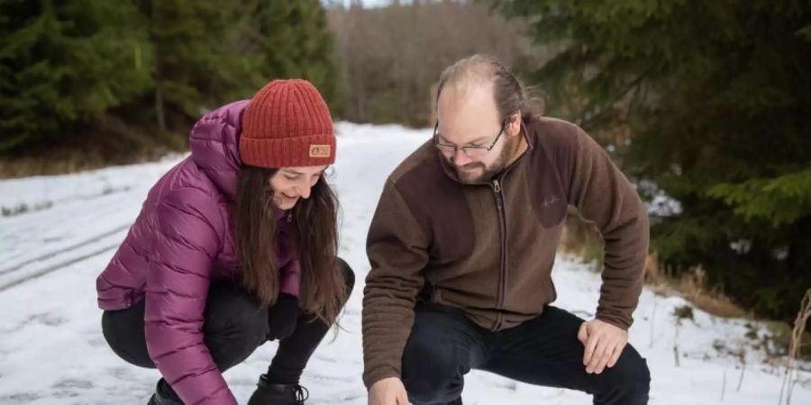Manuel Steinbauer, Arbeitsgruppenleiter der Professur für Sportökologie an der Universität Bayreuth, und seine wissenschaftliche Mitarbeiterin Veronika Mitterwallner untersuchen, wie sich Sportler und Tiere auf der Loipe verhalten. Foto: Daniel Karmann/dpa