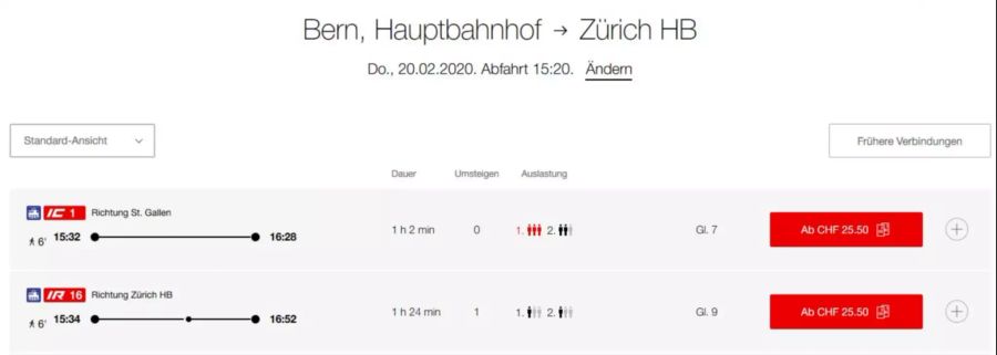 Bern Zürich HB kostet mit Halbtax 25.50 Franken.