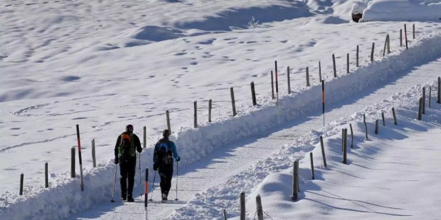 Weisse Pracht: Wanderer gehen bei Sonnenschein durch eine schneebedeckte Landschaft im bayerischen Bad Hindelang. Foto: Karl-Josef Hildenbrand/dpa