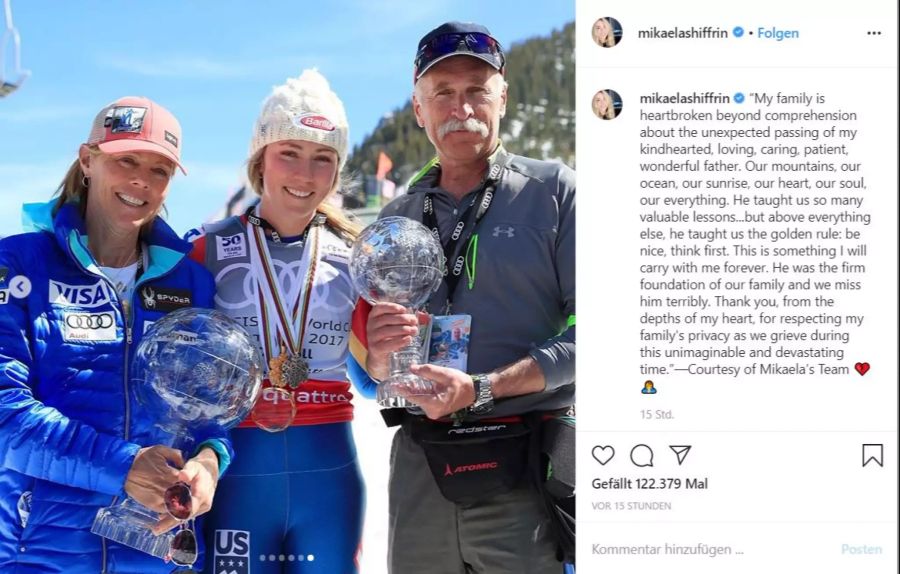 Mikaela Shiffrin zusammen mit Mutter Eileen (l.) und Vater Jeff (r.).