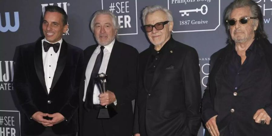 Sebastian Maniscalco (l-r), Robert De Niro, Harvey Keitel und Al Pacino sind «The Irishman». Foto: Richard Shotwell/Invision/AP/dpa