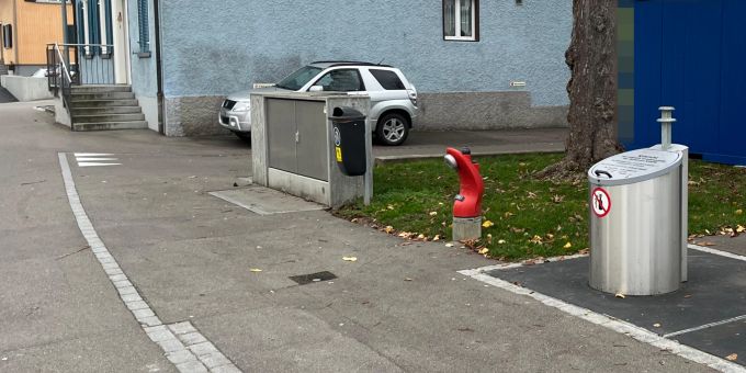 Im schwarzen öffentlichen Abfalleimer, Bildmitte, wurde das Tier aufgefunden. Im schwarzen öffentlichen Abfalleimer wurde das Tier aufgefunden.