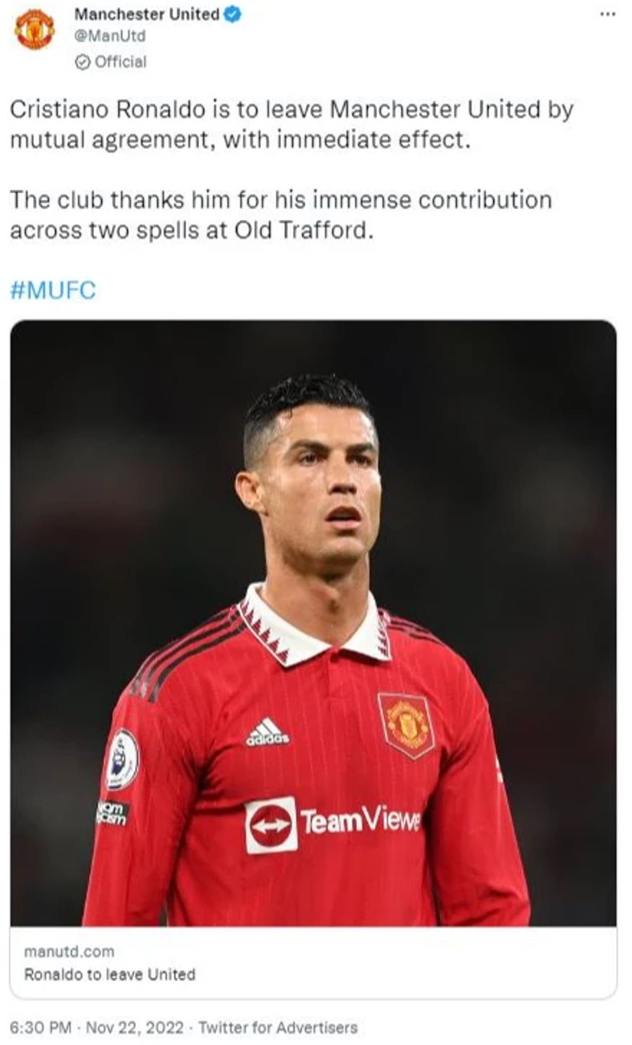 Manchester United gibt die Trennung von Cristiano Ronaldo bekannt.