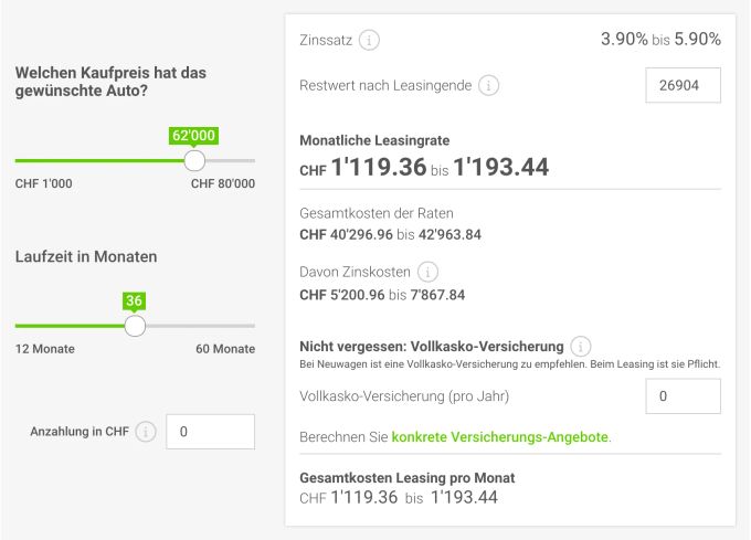 Screenshot vom Comparis-Leasingrechner. (BILD VW Tiguan R Line Leasingrate Comparis.png) Leasing Auto-Abo Schweiz
