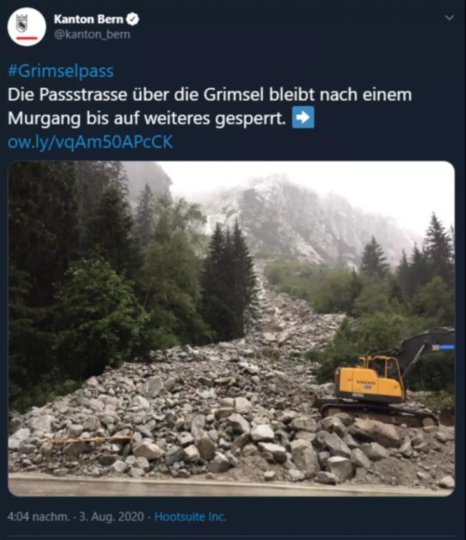 Die Passstrasse über die Grimsel bleibt nach einem Murgang bis auf weiteres gesperrt. Grimselpass Regen Murgang