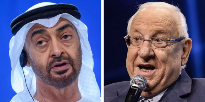 Das Bild zeigt Scheich Mohammed bin Said Al Nahjan (l, am 12.06.2019 in Berlin), Kronprinz von Abu Dhabi, und Reuven Rivlin, Präsident von Israel (am 05.09.2919 in Tel Aviv). Israel emirate