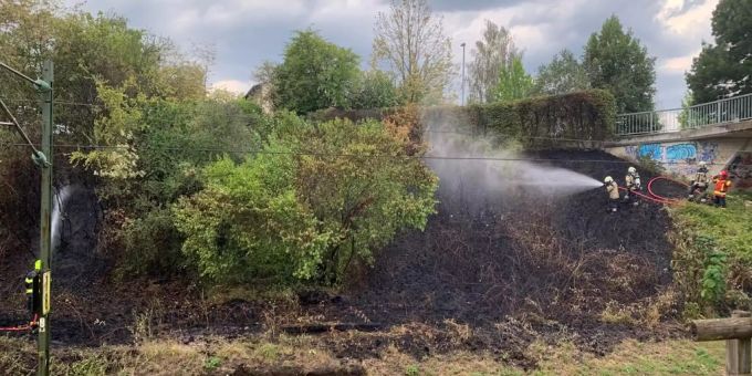 Löscharbeiten beim Vegetationsbrand vom 1. August 2020 am Bahndamm bei der Essigstrassse/Sonnenbühlstrasse in Riehen. Brand