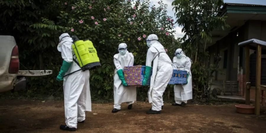 Helfer transportieren Sarg mit Ebola-Opfer in Provinz Nord-Kivu