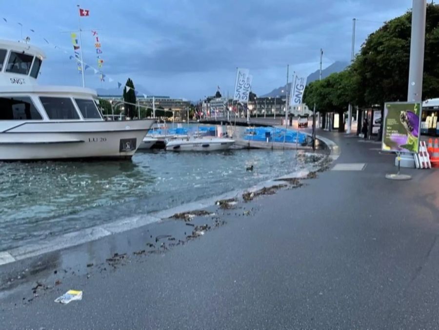 Ein Schiff und Pedalos in Luzern.