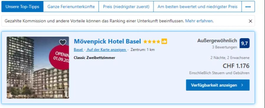 Und auch beim Mövenpick Hotel Basel sind Übernachtungen von diesem Freitag auf Sonntag derzeit etwa dreieinhalbmal so teuer...