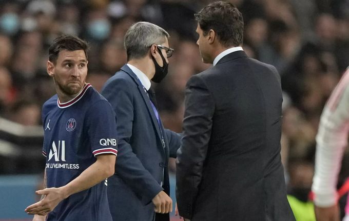 Lionel Messi und Mauricio Pochettino (PSG). PSG Lionel Messi Pochettino