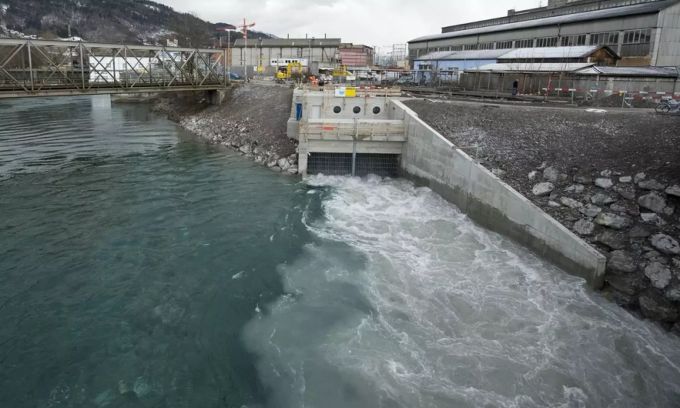 Sicht auf den Hochwasserentlastungsstollen beim «Schwäbis» in Thun. (Archivbild) Hochwasser Entlastungsstollen Thun