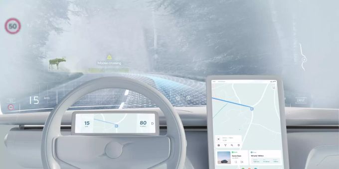 Geschwindigkeiten auf der Frontscheibe waren gestern. Bei Volvo sollen künftig Karten, Strassenverhältnisse, allfällige Gefahren und womöglich sogar Koordinatenraster abgebildet werden können. Volvo Car Corporation
