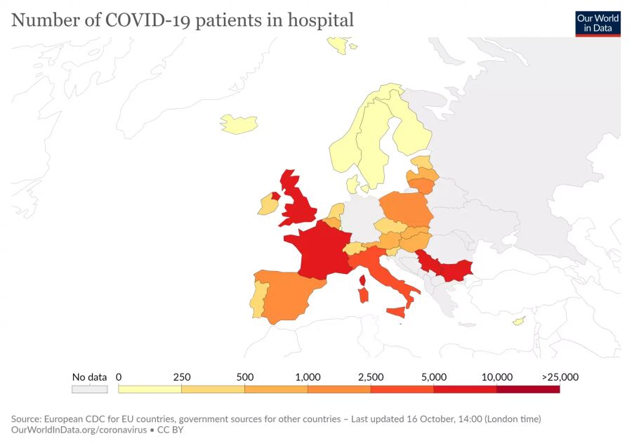 Eine Übersicht der Hospitalisierungen in Europa. Die Zahlen sind vom 16. Oktober 2021.