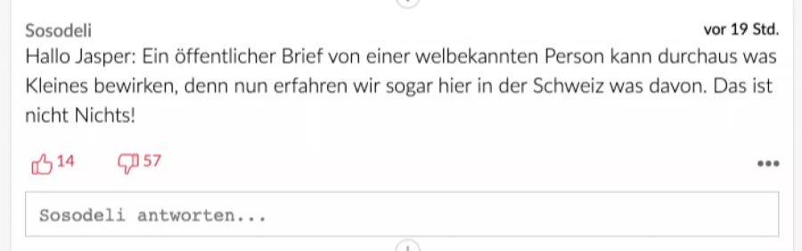 Und auch Sosodeli glaubt, dass ein öffentlicher Brief von einer bekannten Person durchaus was Kleines bewirken könne.