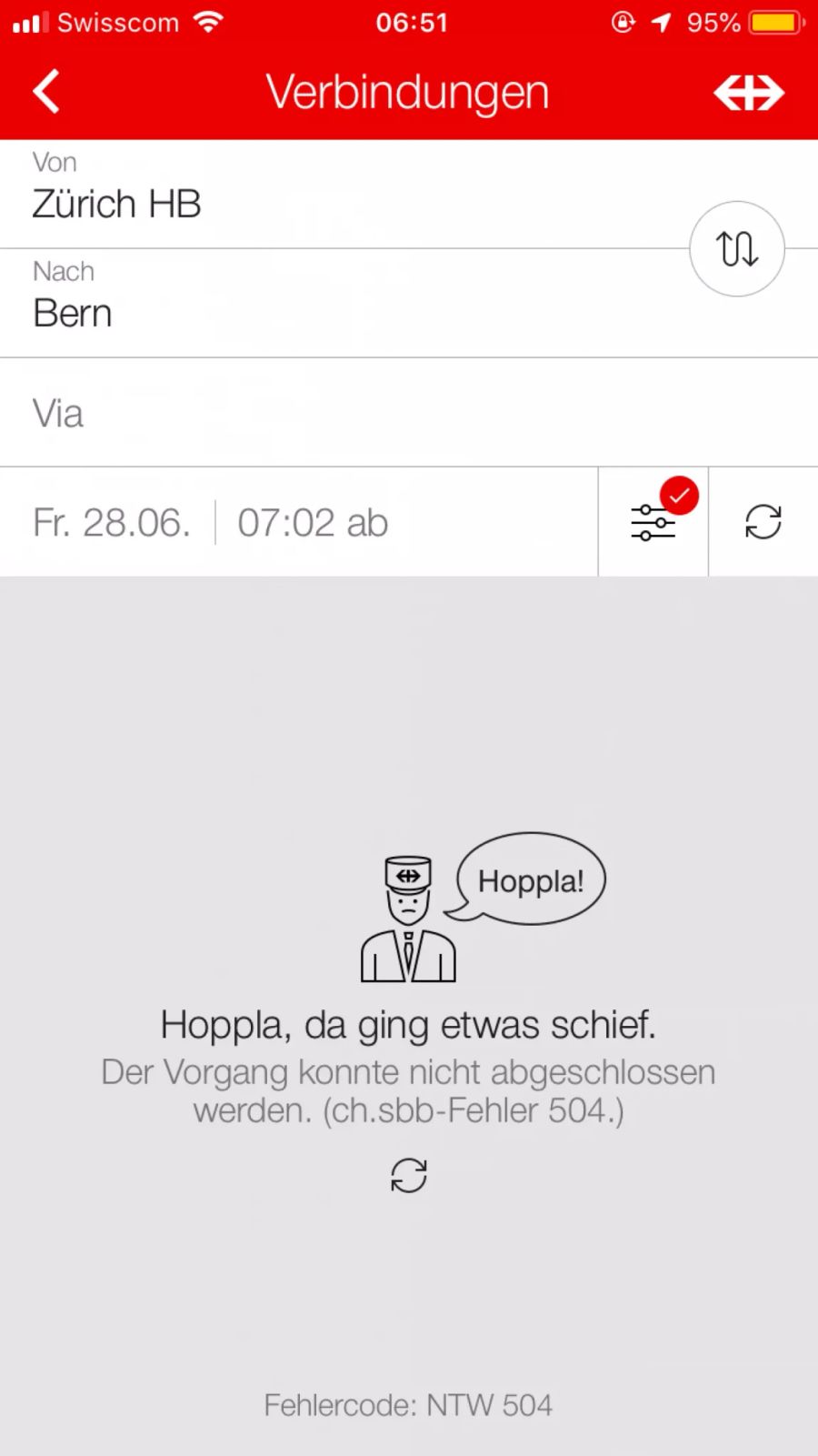 Störung auf der SBB-App.