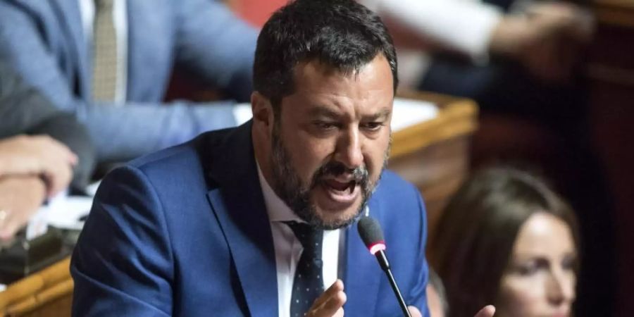 Matteo Salvini, Innenminister von Italien, während seiner Rede im Senat. Foto: Roberto Monaldo/LaPresse/Zuma Press