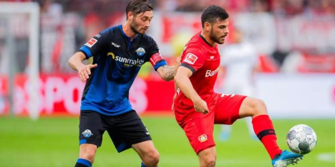 Die Aufsteiger aus Paderborn um Christian Strohdiek verloren knapp gegen Kevin Volland (r) und Co. Foto: Rolf Vennenbernd Die Aufsteiger aus Paderborn um Christian Strohdiek verloren knapp gegen Kevin Volland (r) und Co. Foto: Rolf Vennenbernd
