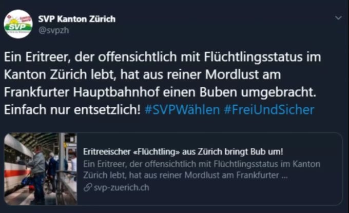 So reagierte die SVP Kanton Zürich auf das Gleis-Drama in Frankfurt. SVP