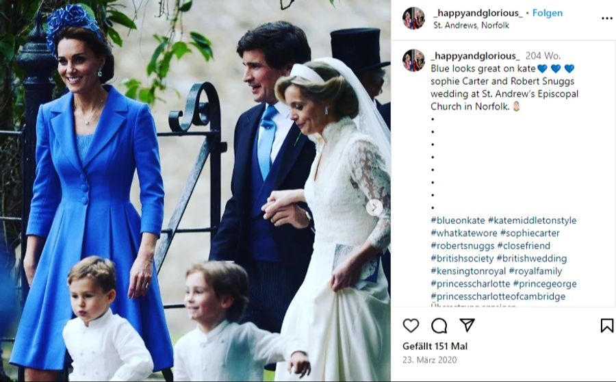 Prinzessin Kate bei der Hochzeit von Sophie Snuggs. Töchterchen Charlotte war das Blumenmeitli.