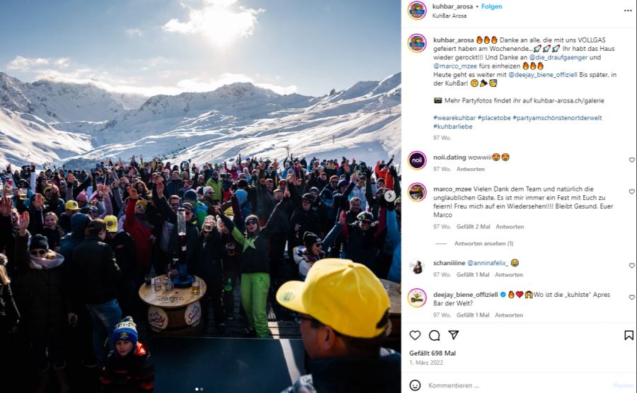 Mit Abstand auf Platz eins der konsumierten Getränke in der Kuhbar Arosa, dem Après-Ski Lokal in Graubünden, befindet sich Bier.