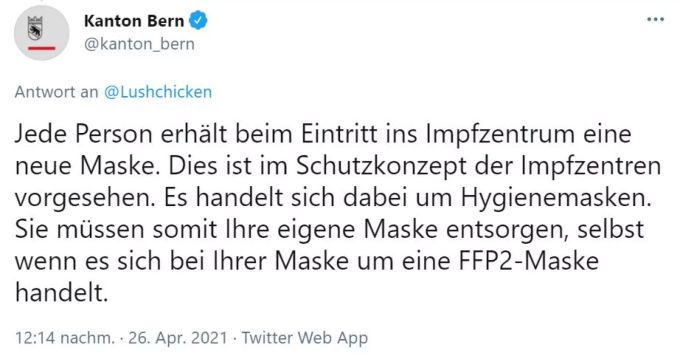 Diskussion über FFP2-Masken in Impfzentren im Kanton Bern. Impfzentrum Kanton Bern Coronavirus
