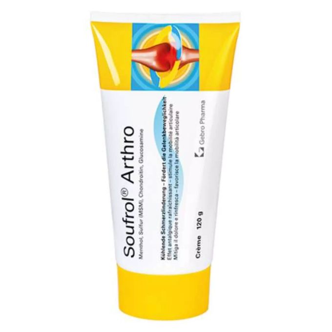 Erhältlich in Drogerien, Apotheken und online: Soufrol Arthro Crème 60 g und 120 g . Arthritis Schmerzen Hilfe Mittel