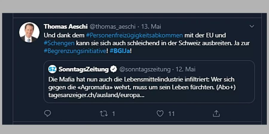 Twitter-Beitrag von SVP-Fraktionschef Thomas Aeschi.