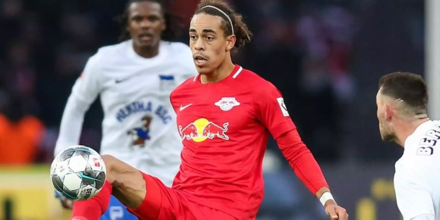 Yussuf Poulsen behielt mit RB Leipzig bei Hertha BSC die Oberhand. Foto: Andreas Gora/dpa
