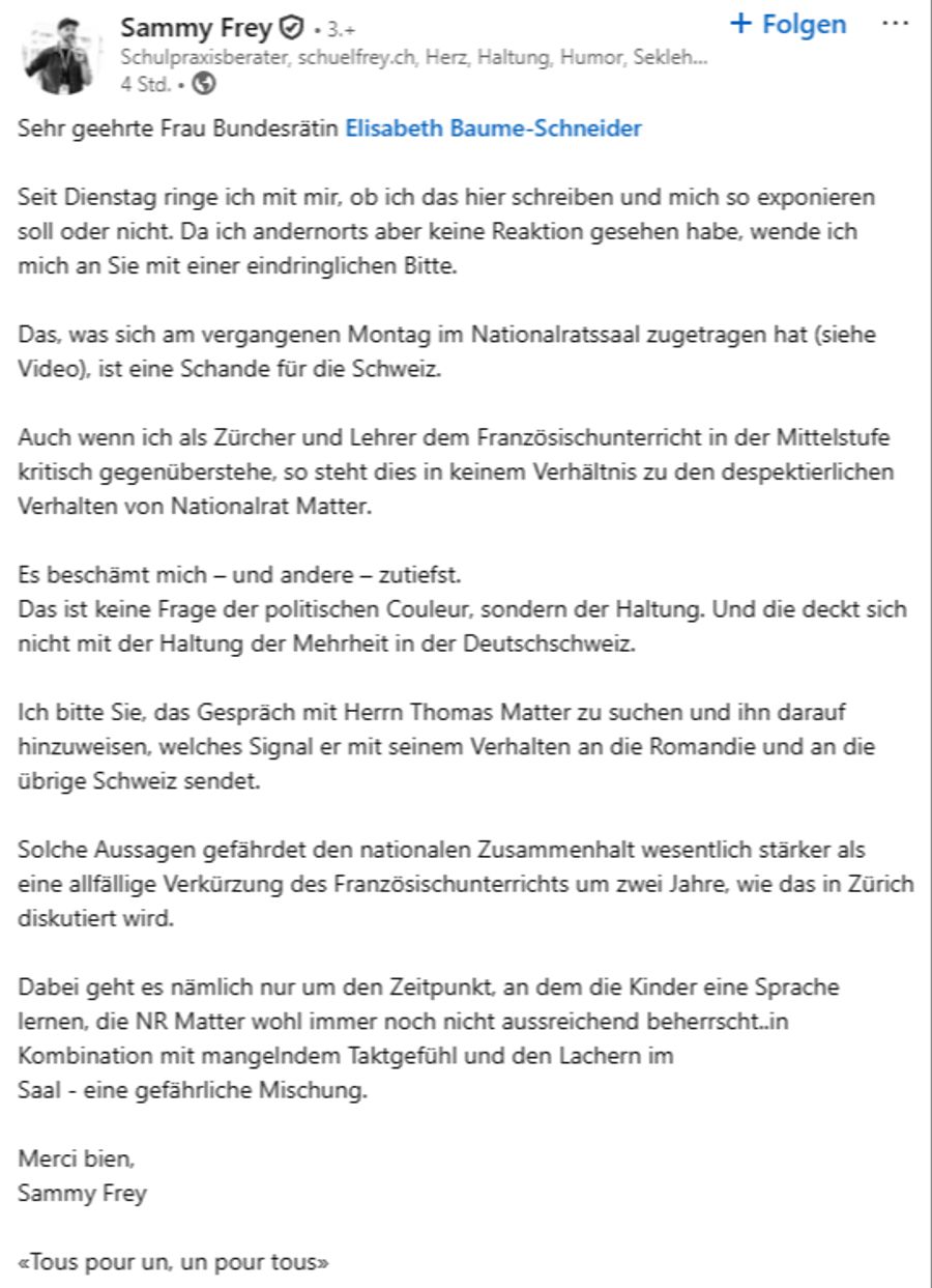 Dieses Verhalten von SVP-Nationalrat Thomas Matter stösst dem Zürcher Schulberater Sammy Frey sauer auf.