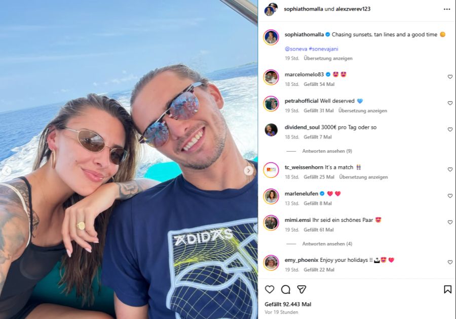 Sophia Thomalla und Alexander Zverev geniessen die Zeit zu Zweit auf den Malediven.