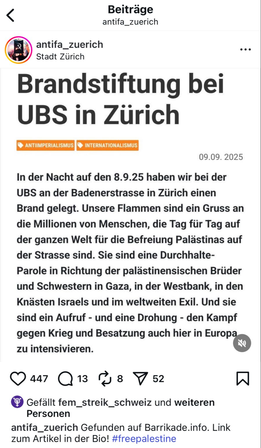 Vier Tage lang war unter dem Post der Antifa Zürich ein Like des Accounts «fem_streik_schweiz» zu sehen.