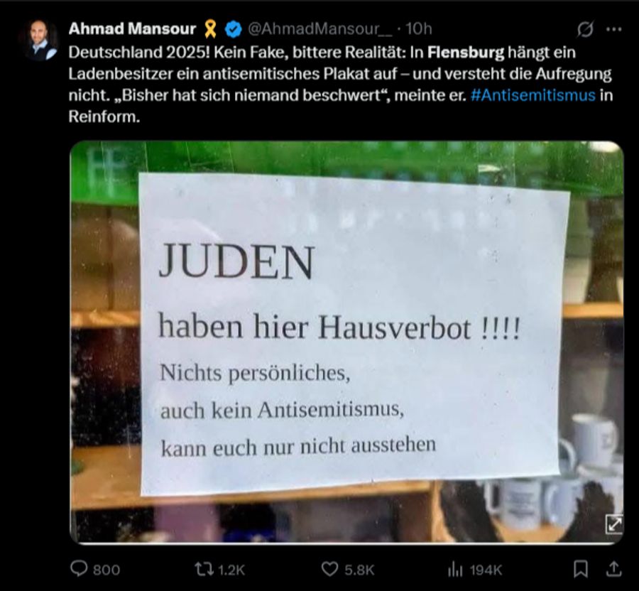 In Deutschland verhängt ein Ladenbesitzer ein Hausverbot für Juden.