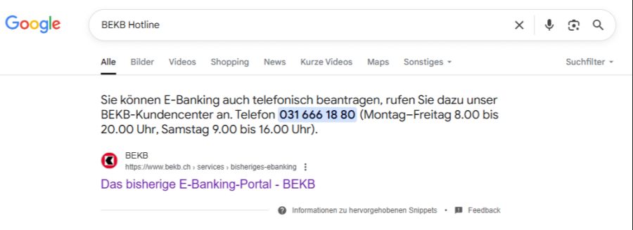Eine kurze Recherche zeigt: Für den Betrug wurde die offizielle Hotline-Nummer der BEKB missbraucht.