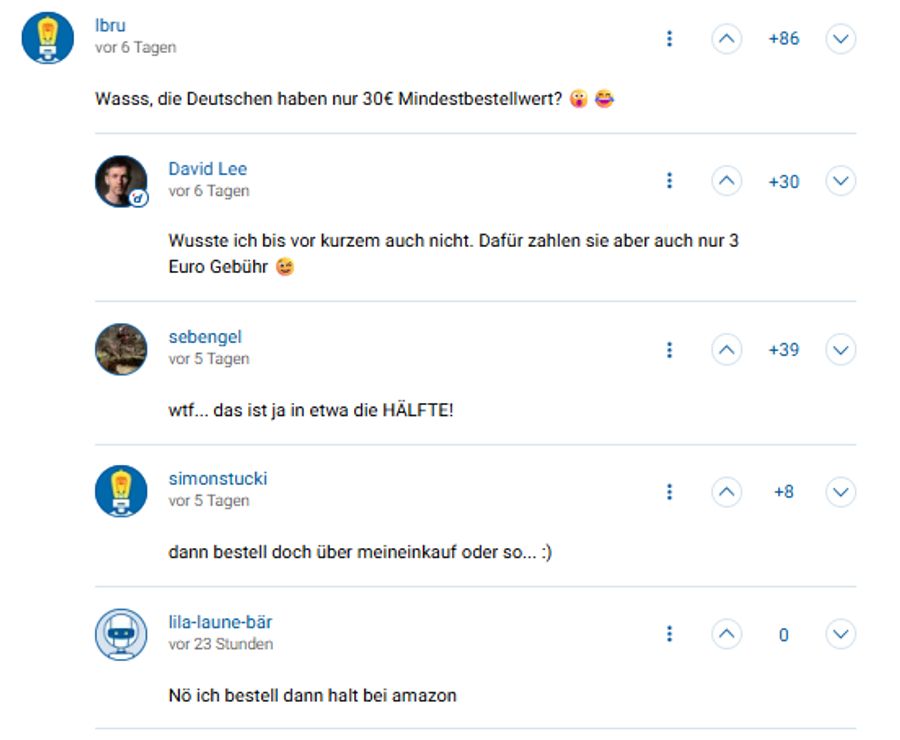 Andere ärgern sich wiederum darüber, warum die Deutschen einen tieferen Mindestbestellwert haben.