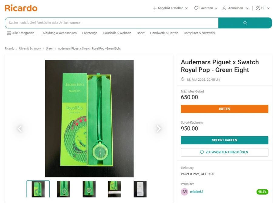 Fast schon günstig: Für die grüne Variante «Green Eight» verlangt ein Verkäufer auf Ricardo einen Sofort-Kaufpreis von 950 Franken.