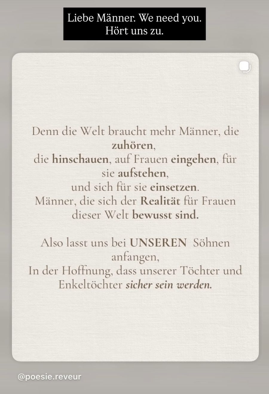 Mamis posten Botschaften wie diese: «Lasst uns bei unseren Söhnen anfangen.»