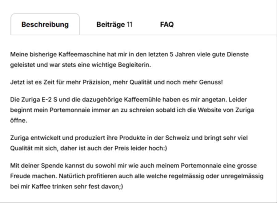 Seine Traum-Kaffeemaschine werde in der Schweiz hergestellt und sei darum halt teuer, argumentiert er.