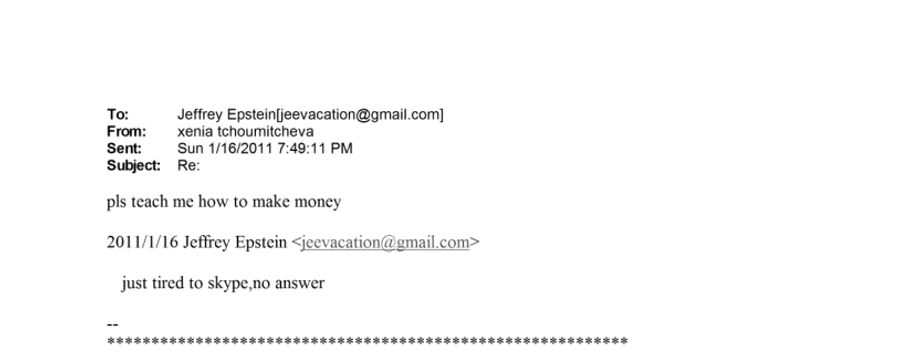 Xenia Tchoumitcheva bittet Jeffrey Epstein in einer E-Mail vom 16. Januar 2011 um Tipps, wie man Geld verdient.
