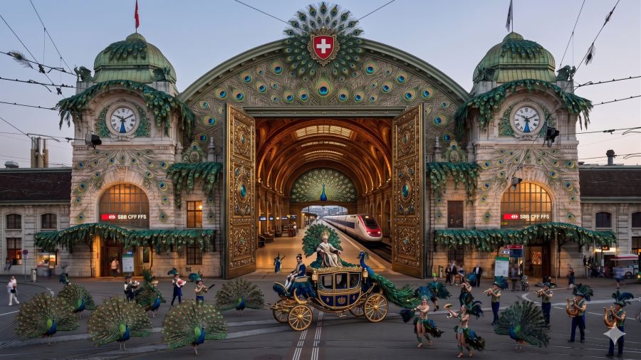 Ein Tribut an die Pfauen, die kürzlich in der Stadt gesichtet wurden.