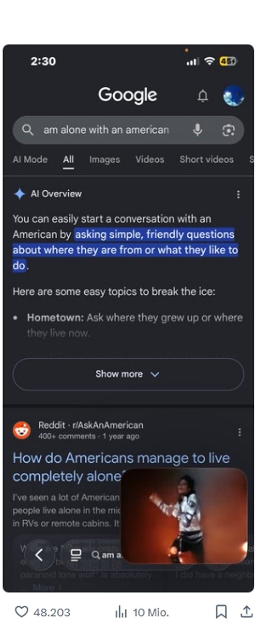 Ist man mit «einem Amerikaner» fällt die Reaktion anders aus. Der Post wurde über zehn Millionen Mal aufgerufen.