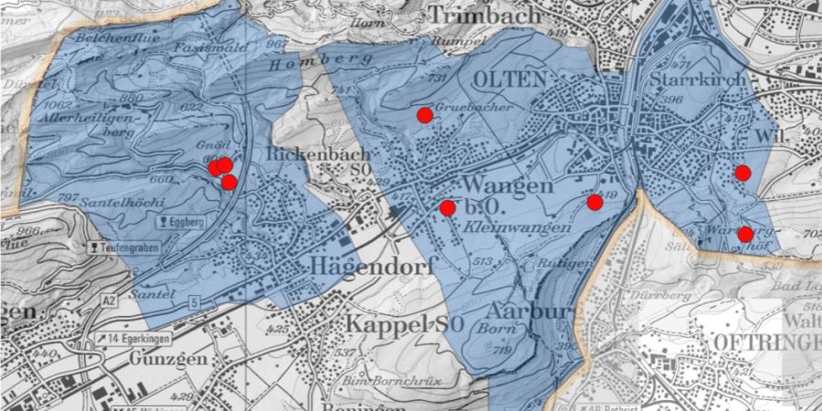 Die Übersicht der Sanierungsregion 6 mit den rot markierten Standorten.