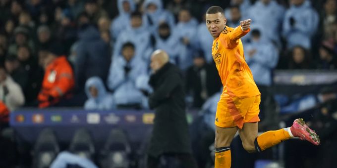 Kylian Mbappé feiert sein Tor zum 1:1 für Real Madrid gegen Manchester City in der Champions League. Champions League Kylian Mbappé