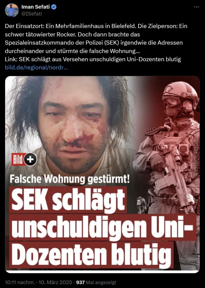 Der Neurowissenschaftler wurde vom SEK so schwer verprügelt, dass er noch heute Schmerzen und Probleme hat. SEK Bielefeld